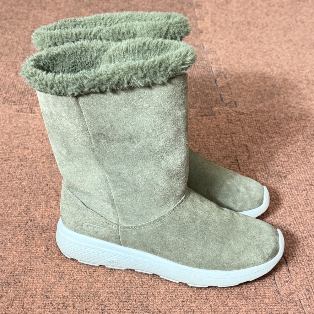 Skechers On-The-Go Olive Green Suede Faux Fur Mid-Calf Boots 14633‎ Womens 8